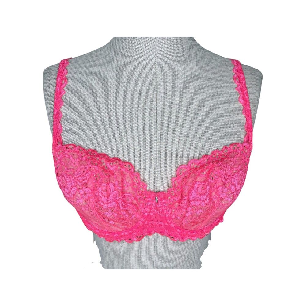 Victoria's Secret Unlined Demi Bra sz 34C * Hot Pink Lace Floral Scallop Mesh